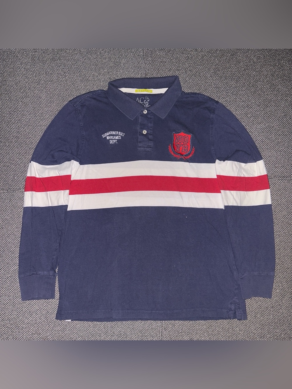 Y2K Navy Long Sleeve Crest Rugby Polo with Red & White Stripes